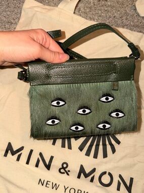 Min & Mon Green Fur Crossbody with Eye Appliqués